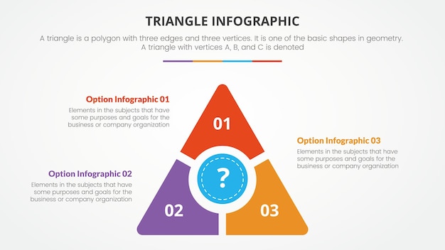 Concepto de triángulo infográfico para presentación de diapositivas con lista de 3 puntos