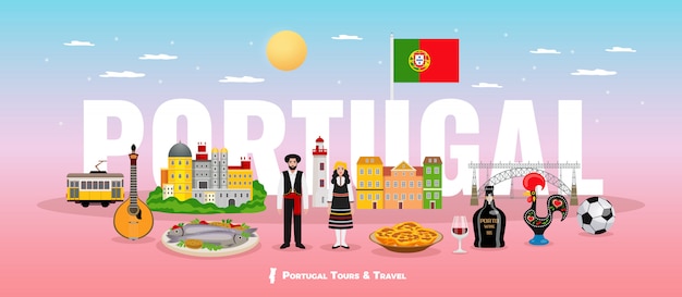 Concepto de turismo de Portugal con cocina personas y monumentos símbolos planos