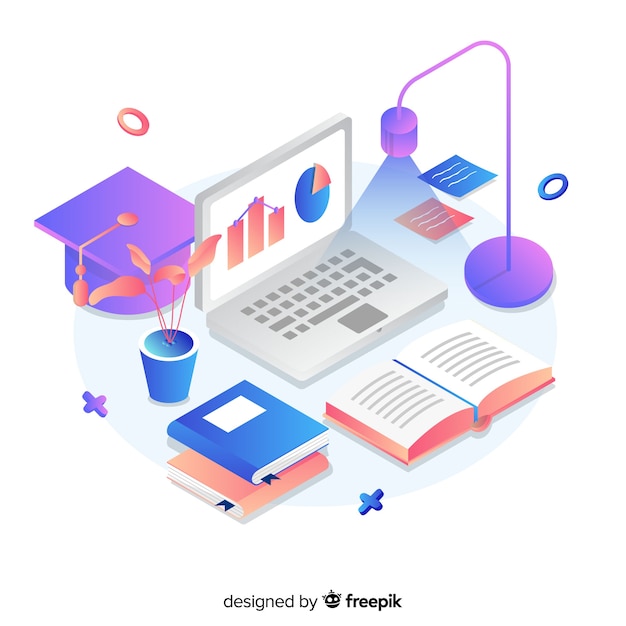 Concepto de universidad con elementos de educación en isométrico