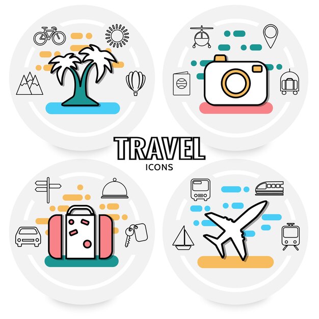 Concepto de vacaciones de verano con palmera transporte sol montañas pasaporte equipaje letrero mapa pin