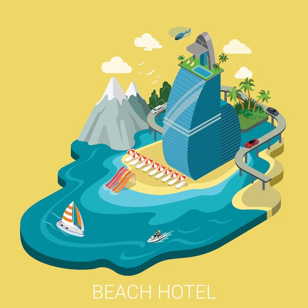 Concepto de vacaciones de viaje de infografía web de hotel de playa creativo isométrico plano d