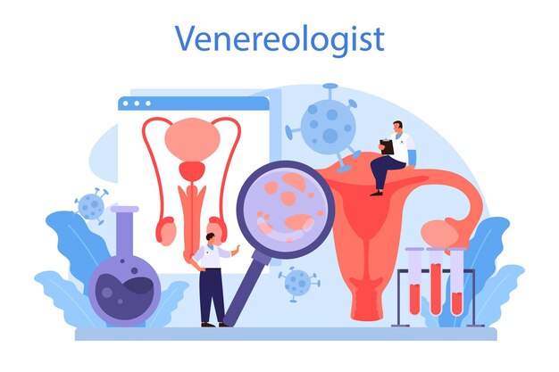 Concepto de venereólogo Diagnóstico profesional de enfermedades dermatológicas enfermedades de transmisión sexual e infecciones Dermatovenerología Ilustración vectorial en estilo de dibujos animados