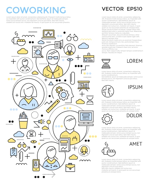 El concepto vertical de coworking coloreado con elementos lineales está a la izquierda y el texto a la derecha ilustración vectorial