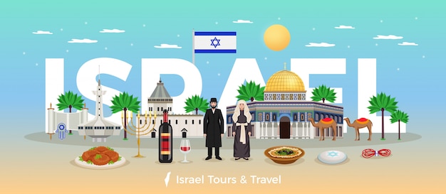 Concepto de viaje de Israel con ilustración plana de símbolos de viajes y vacaciones