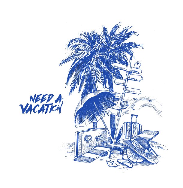 Concepto de viaje de vacaciones de verano Ilustración de vector de boceto dibujado a mano