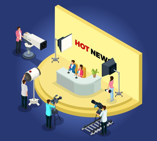 Concepto de videograbación isométrica por televisión con diferentes trabajadores disparando noticias usando cámaras