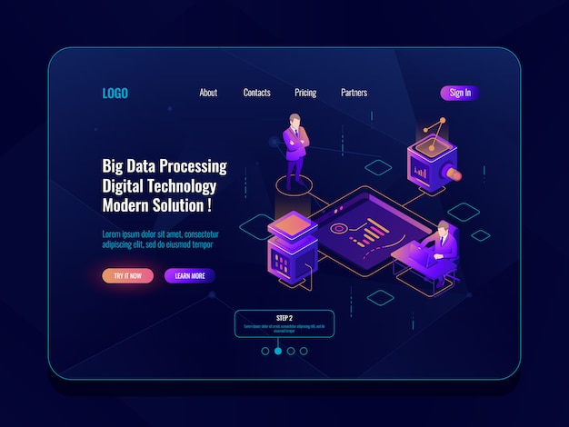 Concepto de visualización de datos banner isométrico, análisis de datos, centro de datos, neón oscuro