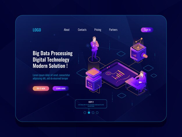 Concepto de visualización de datos banner isométrico, análisis de datos, centro de datos, neón oscuro
