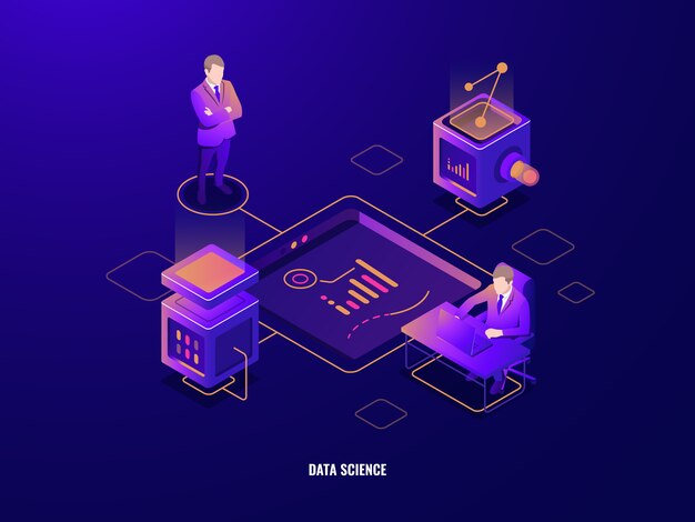 Concepto de visualización de datos, icono isométrico de personas, trabajo en equipo, corporaciones, sala de servidores