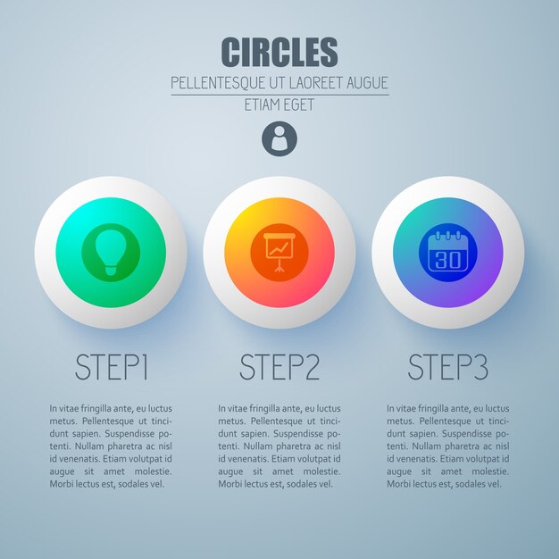 Concepto web de infografía empresarial con tres opciones coloridos botones e iconos redondos