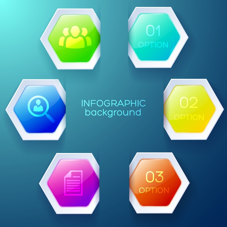 Vector gratuito concepto web de infografía con iconos de negocios y coloridos hexágonos brillantes