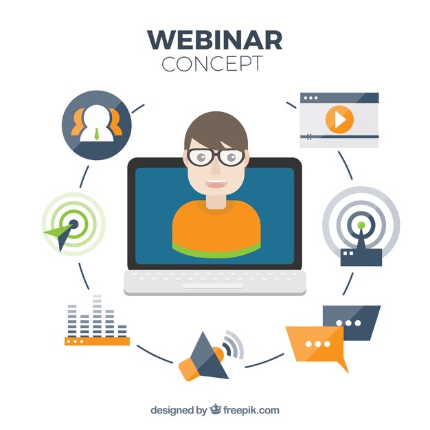 Concepto de webinar con elementos y ordenador