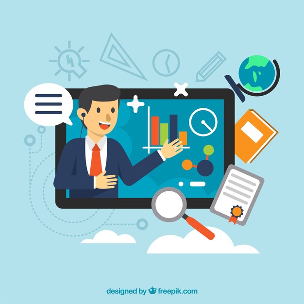 Concepto de webinar con hombre en tablet