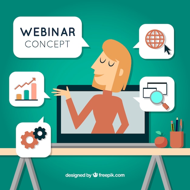 Vector gratuito concepto de webinar con mujer en portátil