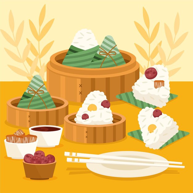 Concepto de zongzi de barco de dragón de diseño plano