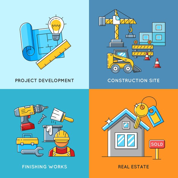 Conceptos de construcción. Ingeniería y construcción, obras de acabado y vivienda inmobiliaria.
