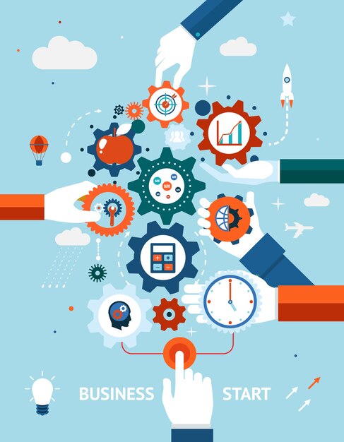 Conceptual de un negocio y emprendimiento, inicio o lanzamiento de negocios con engranajes y engranajes con varios iconos