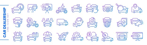 Concesionario de automóviles conjunto de iconos de líneas delgadas símbolos lineales de la industria automotriz