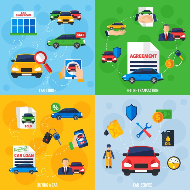 Concesionario de coches 4 iconos planos cuadrados
