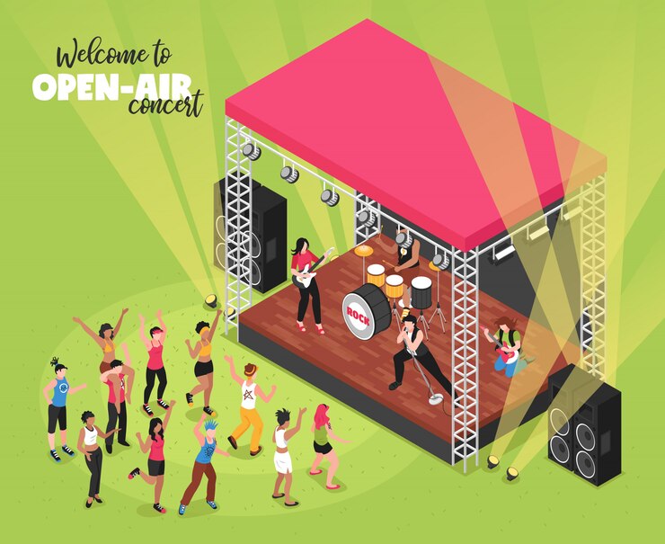 Vector gratuito concierto de música al aire libre isométrico con banda de rock en el escenario y espectadores en la zona de fanáticos