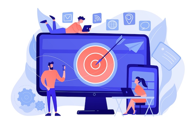 Los concumers con dispositivos obtienen anuncios y mensajes específicos. Orientación multidispositivo, audiencia de alcance, concepto de marketing multidispositivo