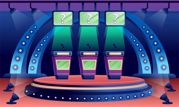 Concurso de fondo de diseño de interiores de escenario de juego de preguntas con preguntas Programa de trivia de televisión tres soportes con micrófonos en pantallas de foco con preguntas