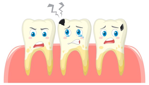Condición dental y dientes diferentes sobre fondo blanco.