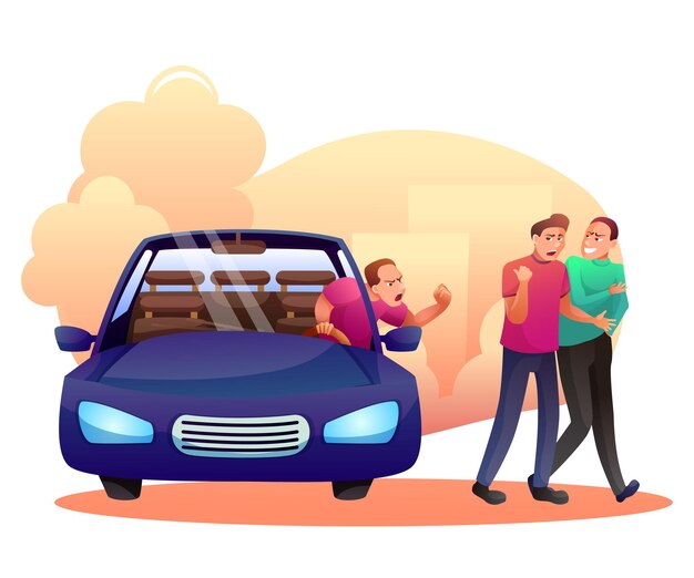 Conductor gritando a la gente taxista gritando por la ventana del automóvil a los peatones personajes de dibujos animados Hombre irritado conduciendo auto pelea
