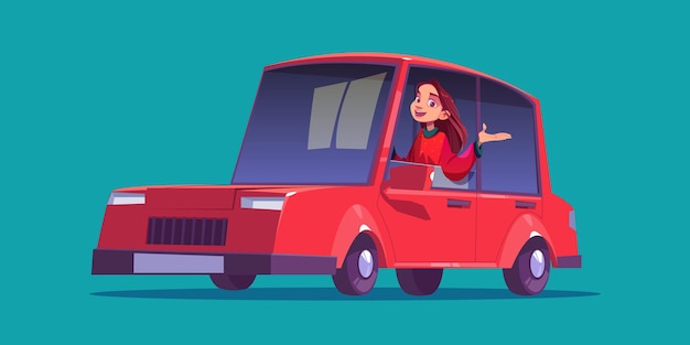 Conductor de niña feliz sentado en coche rojo