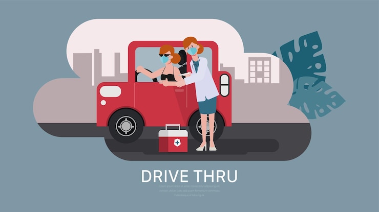 Vector gratuito conduzca hasta recibir la vacuna en el concepto de automóvil tratamiento covid19 nuevo estilo de vida normal
