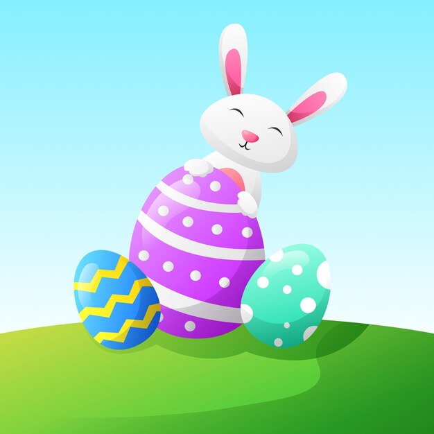 Un conejito está sentado en un huevo de Pascua con forma de huevo.
