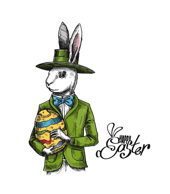 Conejito de Pascua y huevos de Pascua Ilustración de Vector de boceto dibujado a mano
