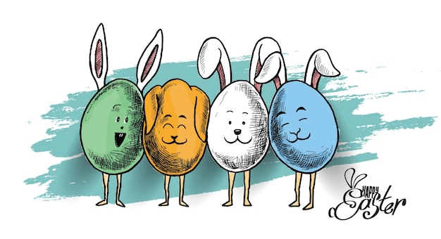 Conejito de Pascua y huevos de Pascua Ilustración de Vector de boceto dibujado a mano