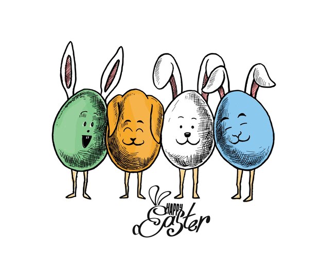 Conejito de Pascua y huevos de Pascua, ilustración vectorial de boceto dibujado a mano.