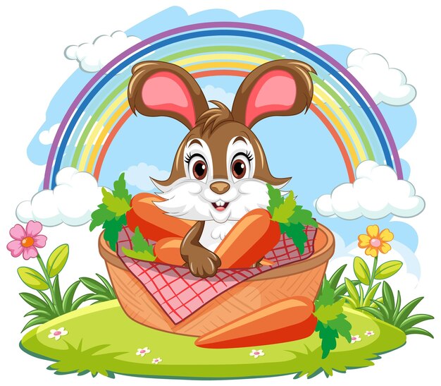 Un conejo alegre en una canasta de picnic