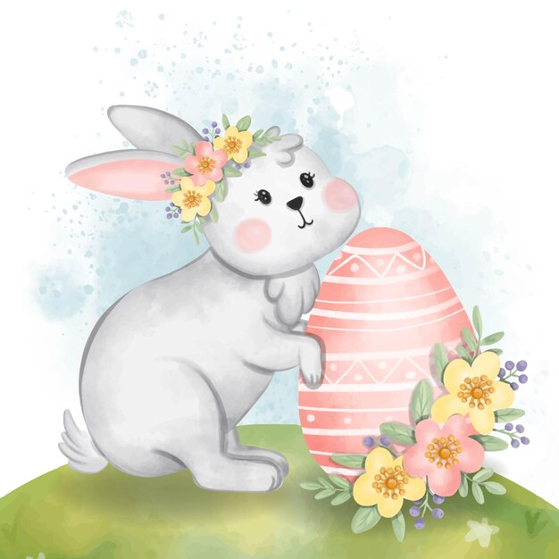 conejo blanco con huevos de Pascua Ilustración en acuarela