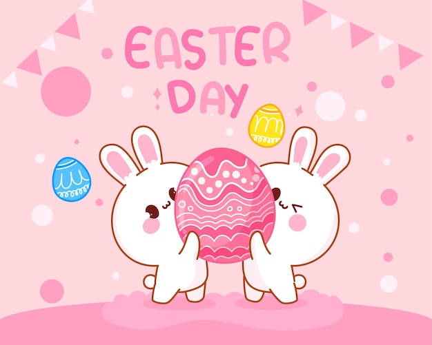 Conejo con huevos feliz día de pascua dibujado a mano ilustración de arte de dibujos animados