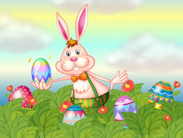 Un conejo con huevos de pascua en el jardín