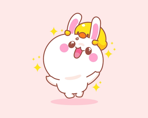 Conejo lindo feliz con pato saltando divirtiéndose ilustración de dibujos animados