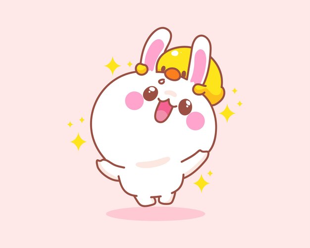 Conejo lindo feliz con pato saltando divirtiéndose ilustración de dibujos animados