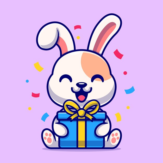 Conejo lindo con la ilustración del icono del vector de la historieta de la caja de regalo. Concepto de icono de naturaleza animal aislado Vector Premium. Estilo de dibujos animados plana