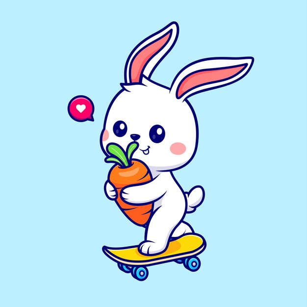 Conejo lindo jugando al patineta con zanahoria Ilustración de icono vectorial de dibujos animados Deporte animal aislado
