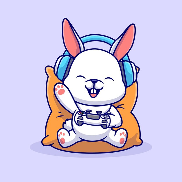 Conejo lindo jugando en la almohada icono vectorial de dibujos animados ilustración tecnología animal aislado plano