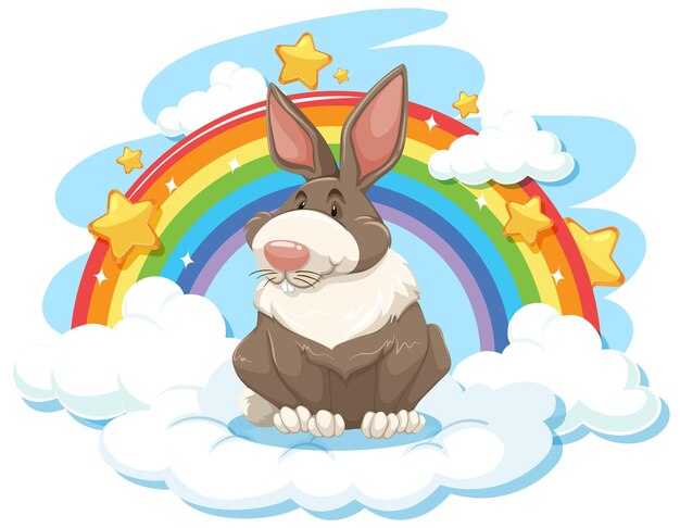 Conejo lindo en la nube con arco iris