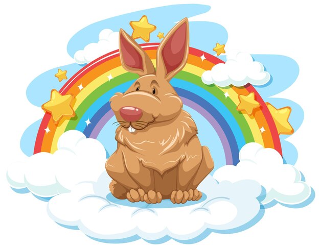 Conejo lindo en la nube con arco iris