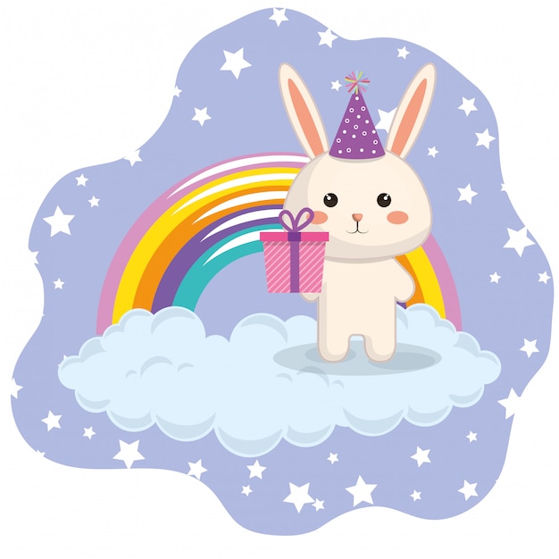 Conejo lindo con tarjeta de cumpleaños del arco iris kawaii