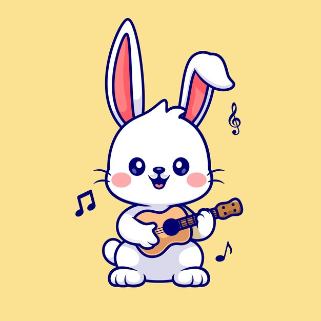 Conejo lindo tocando la ilustración de icono de vector de dibujos animados de guitarra. Concepto de icono de música animal aislado plano