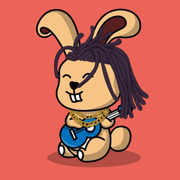 Conejo lindo vector con ilustración de dibujos animados de guitarra
