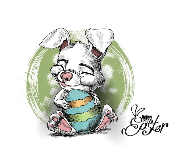 Vector gratuito conejo de pascua con huevos de pascua, diseño de afiches de tarjetas de felicitación.