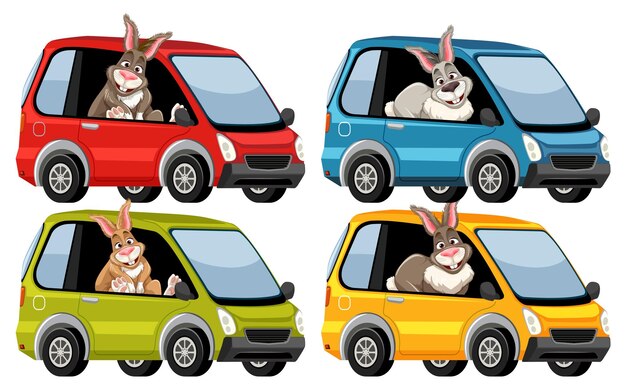Conejos de dibujos animados conduciendo coches coloridos